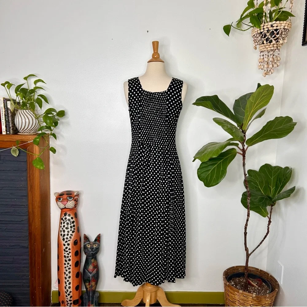 Vintage black and White Polka Dot button front midi Dress - Picture 3 of 5